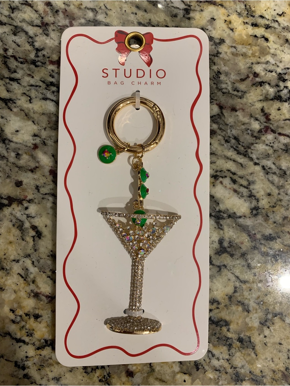 Studio Gold Martini Glass Keyring/Bag Charm with Green Olive Accents